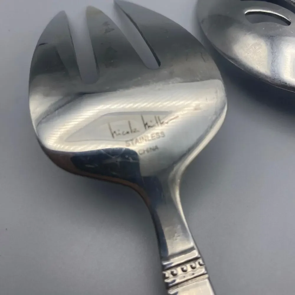 Nicole‎ Miller GREEN TEA Serving Fork Spoon 2pcs Beaded Stainless Flatware